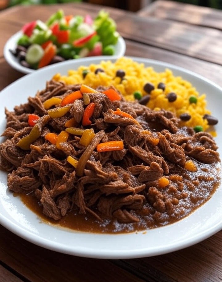 Ropa Vieja beef with yellow rice and beans