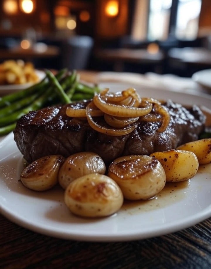 Steak with caramelized onions, roasted garlic potatoes, and asparagus
