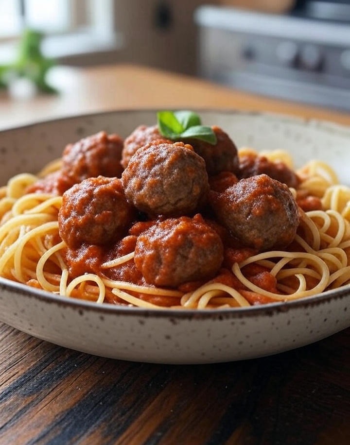 Meatball pasta with homemade tomato sauce